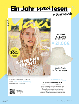 MAXI - Abonnement (6 Ausgaben) + Geschenk (BARTS - Sonnenhut)