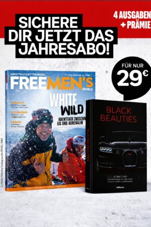 FREEMEN'S WORLD Jahresabonnement + Geschenk Black Beauties: Iconic Cars oder FREE MEN’S WORLD XXL KALENDER